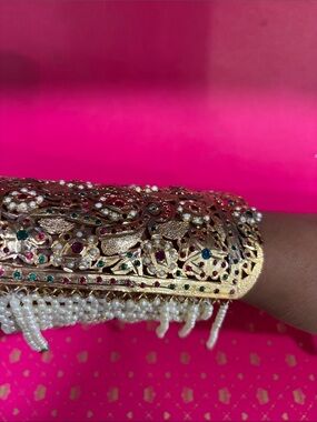 Gold Jeweled Cuff Bracelet with Pearl Fringe